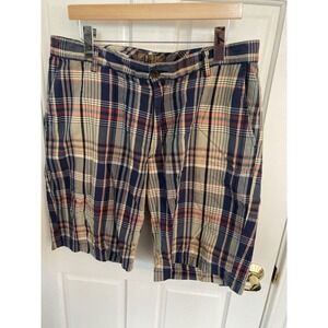 Blue by Pronto Uomo Mens Madras Plaid Flat Front Bermuda Shorts Sz 36